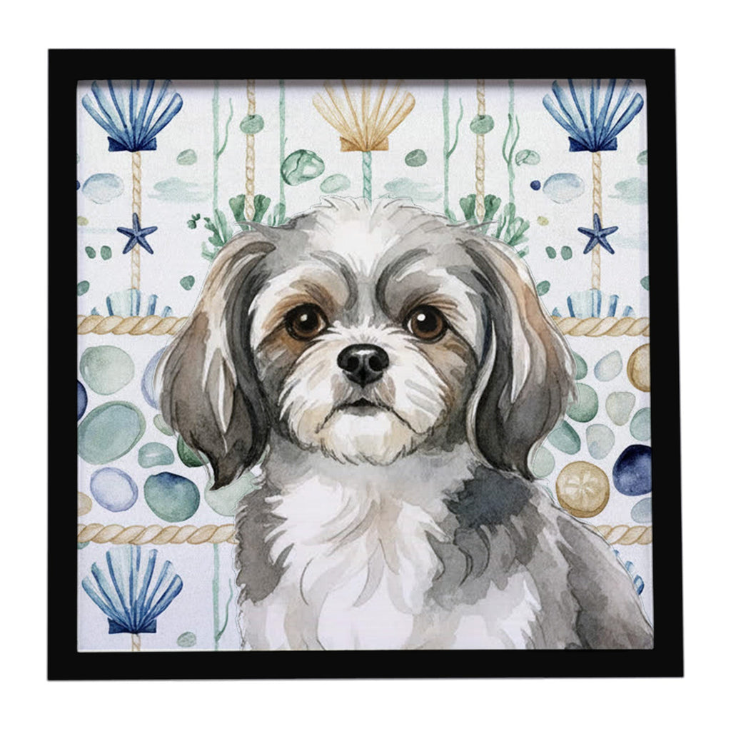 Grey and White Tibetan Spaniel Coastal Sea Glass Framed Metal Print Bathroom, Kitchen, Office, Home Decor Wall Art Ready to Hang, Square, 8X8