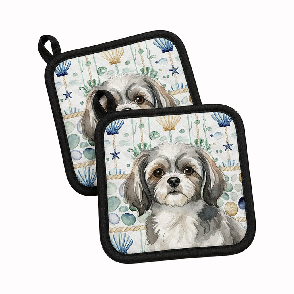Grey and White Tibetan Spaniel Coastal Sea Glass Pot Holder Set of 2 Heat Resistant Quilted Hot Pads 7.5 x 7.5 Inch, Insulated Kitchen Trivets for Cooking & Baking