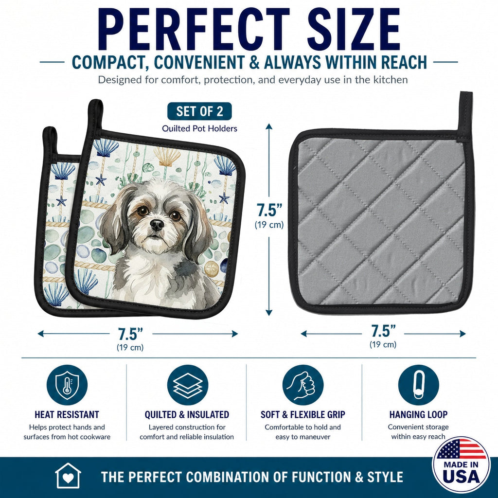 Grey and White Tibetan Spaniel Coastal Sea Glass Pot Holder Set of 2 Heat Resistant Quilted Hot Pads 7.5 x 7.5 Inch, Insulated Kitchen Trivets for Cooking & Baking