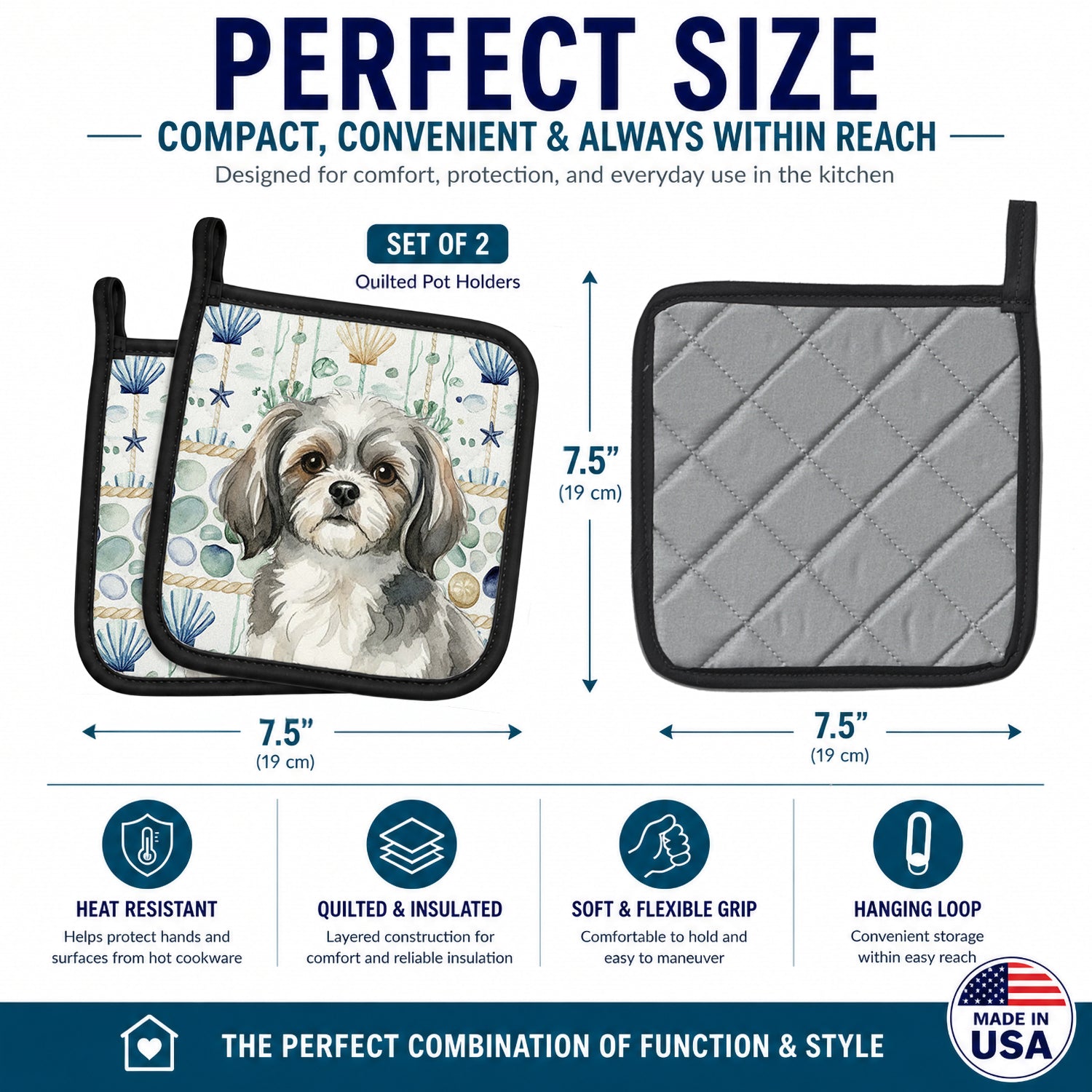 Grey and White Tibetan Spaniel Coastal Sea Glass Pot Holder Set of 2 Heat Resistant Quilted Hot Pads 7.5 x 7.5 Inch, Insulated Kitchen Trivets for Cooking & Baking