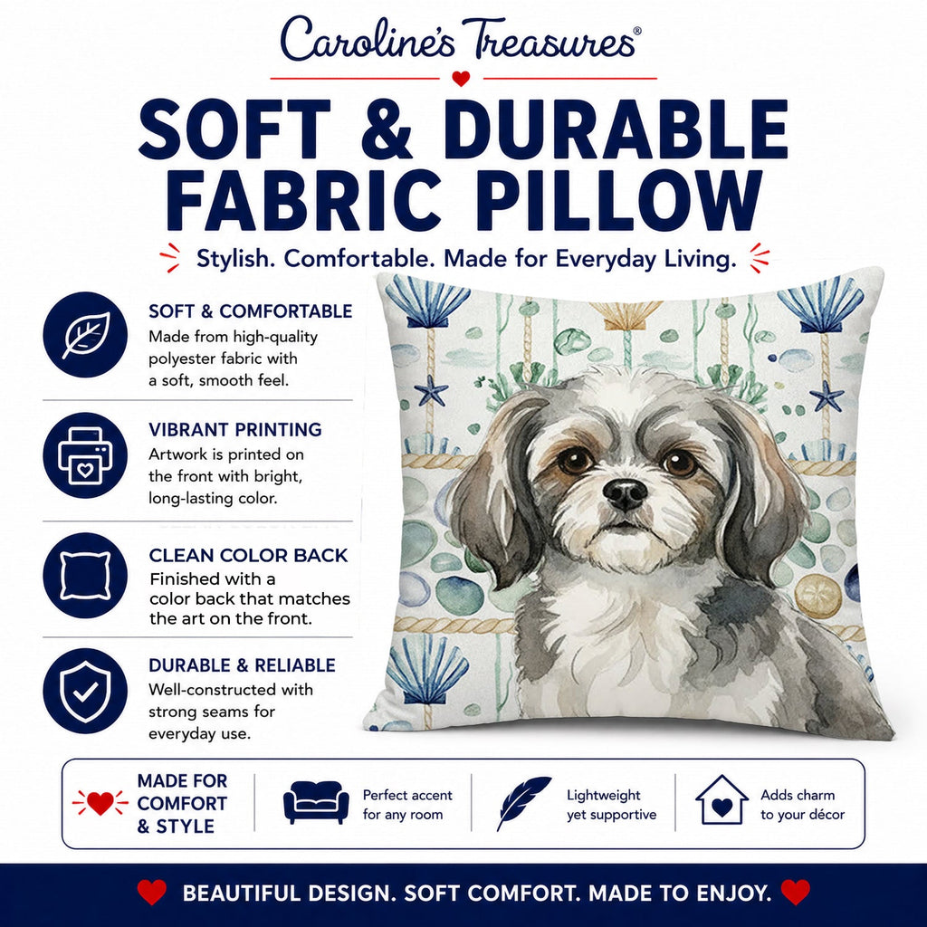 Grey and White Tibetan Spaniel Coastal Sea Glass Decorative Throw Pillow 18x18 Indoor Outdoor Accent Cushion, Fabric Cover with Insert for Sofa, Bed, Porch & Living Room