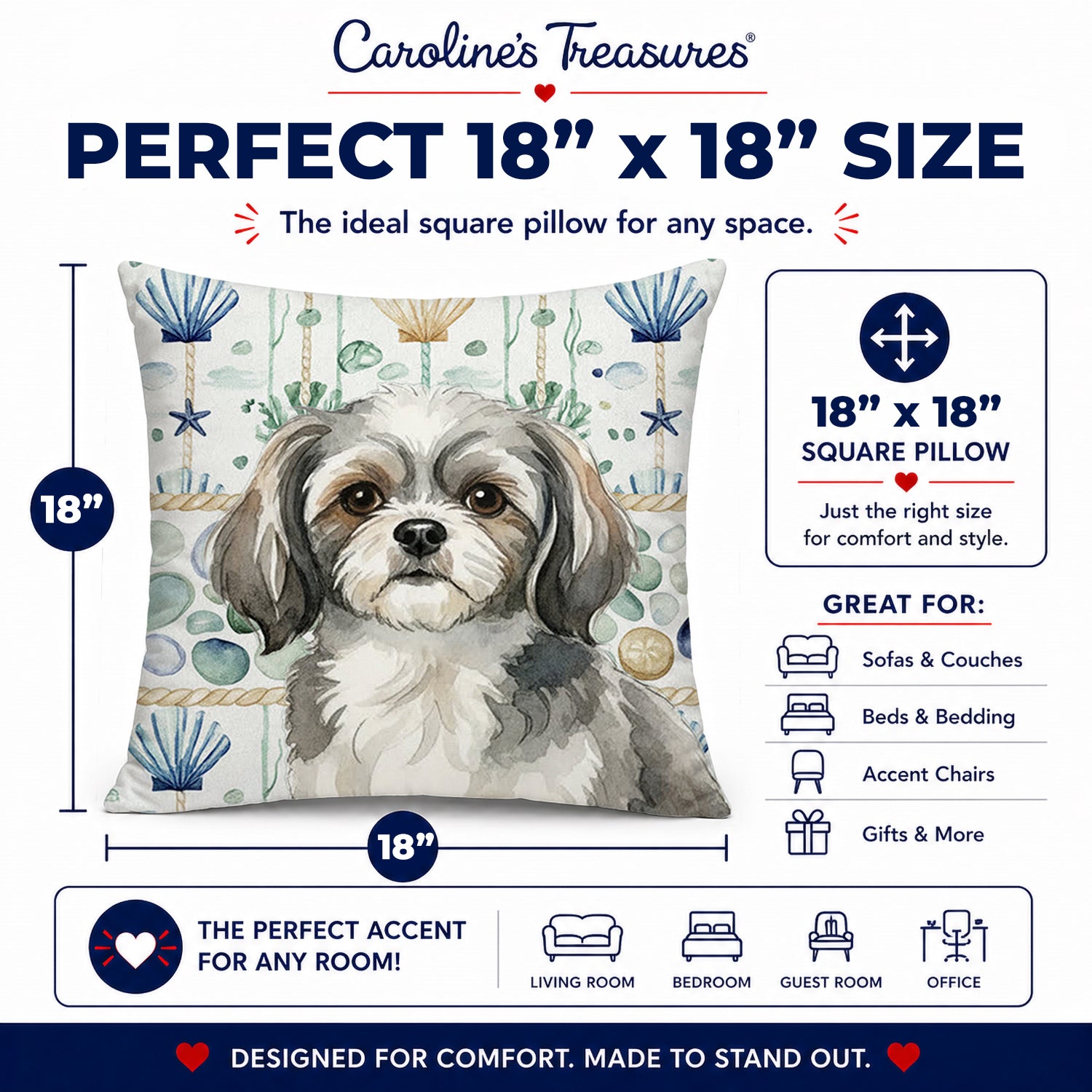 Grey and White Tibetan Spaniel Coastal Sea Glass Decorative Throw Pillow 18x18 Indoor Outdoor Accent Cushion, Fabric Cover with Insert for Sofa, Bed, Porch & Living Room