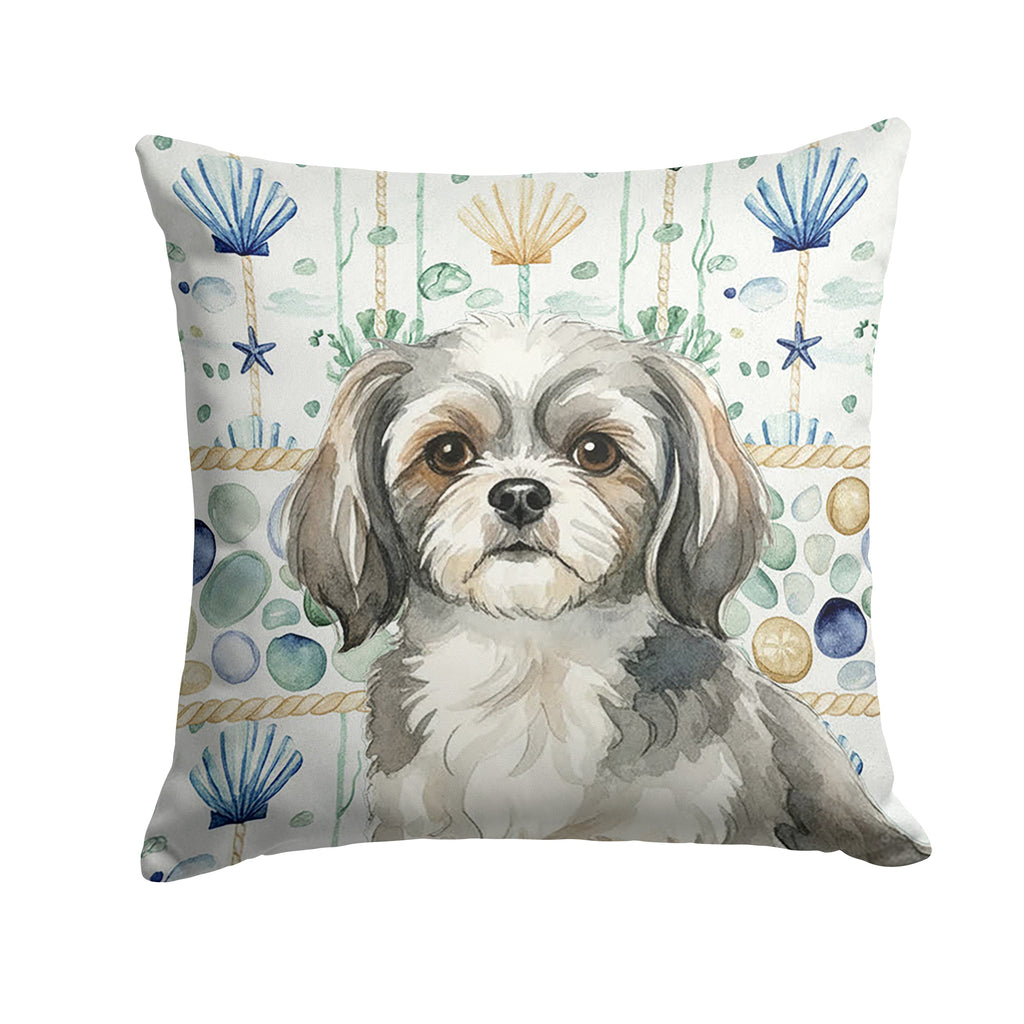 Grey and White Tibetan Spaniel Coastal Sea Glass Decorative Throw Pillow 18x18 Indoor Outdoor Accent Cushion, Fabric Cover with Insert for Sofa, Bed, Porch & Living Room