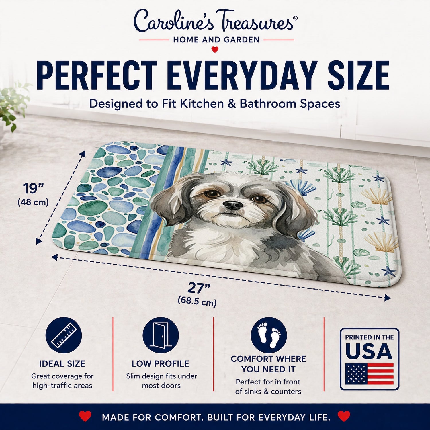 Grey and White Tibetan Spaniel Coastal Sea Glass Memory Foam Kitchen Mat Machine Washable Anti-Fatigue Cushion Comfort Bath or Kitchen Rug