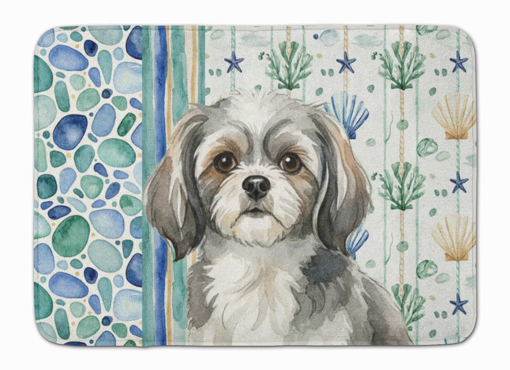 Grey and White Tibetan Spaniel Coastal Sea Glass Memory Foam Kitchen Mat Machine Washable Anti-Fatigue Cushion Comfort Bath or Kitchen Rug