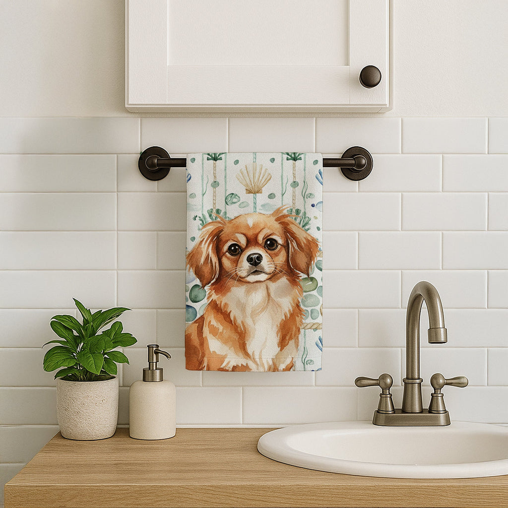 Red Tibetan Spaniel Coastal Sea Glass Kitchen Towel Velour Plush Front and Cotton Loop Back Machine Washable