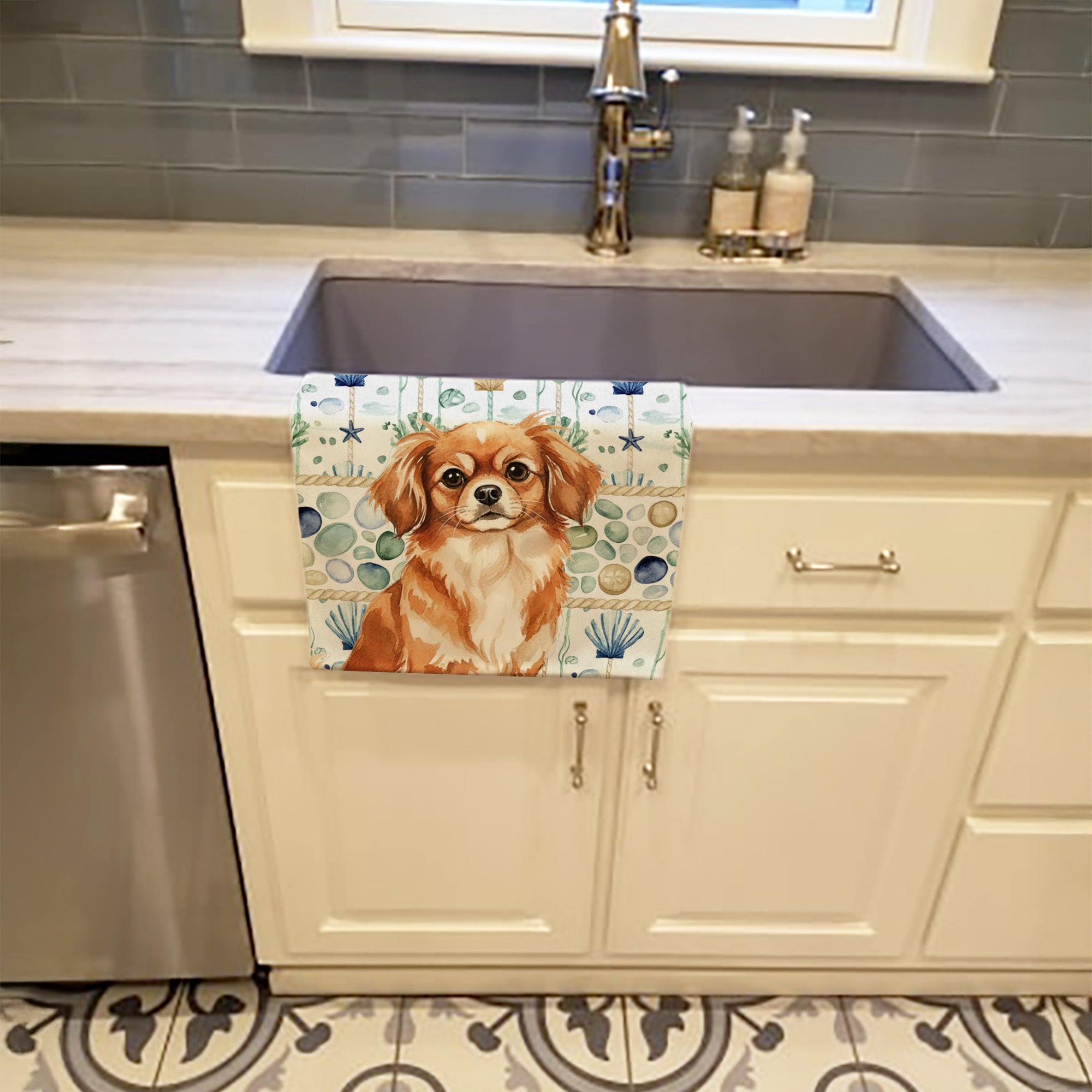 Red Tibetan Spaniel Coastal Sea Glass Kitchen Towel Velour Plush Front and Cotton Loop Back Machine Washable