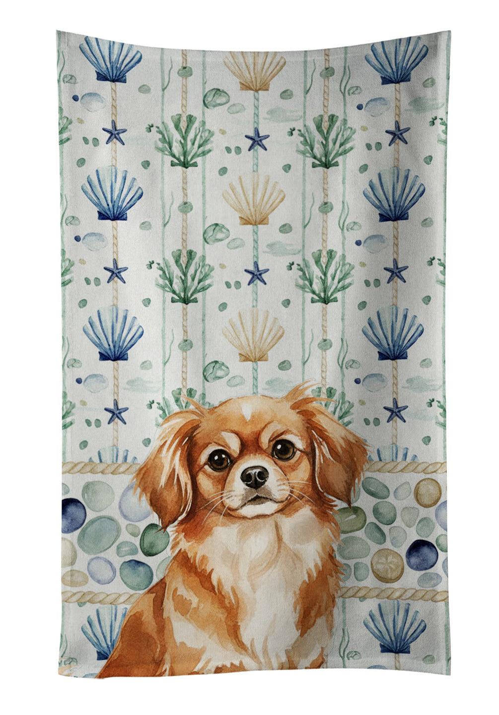 Red Tibetan Spaniel Coastal Sea Glass Kitchen Towel Velour Plush Front and Cotton Loop Back Machine Washable