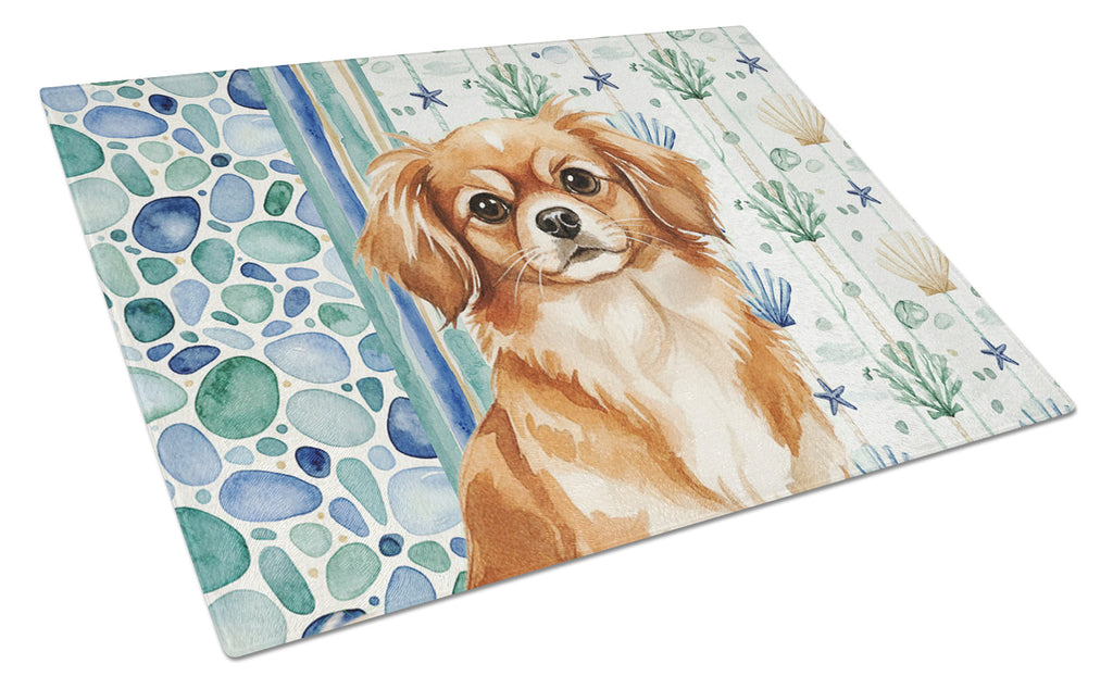 Red Tibetan Spaniel Coastal Sea Glass Cutting Board Tempered Glass Kitchen Cutting Surface, Heat Resistant Chopping, Non-Slip Feet, Food Prep & Serving