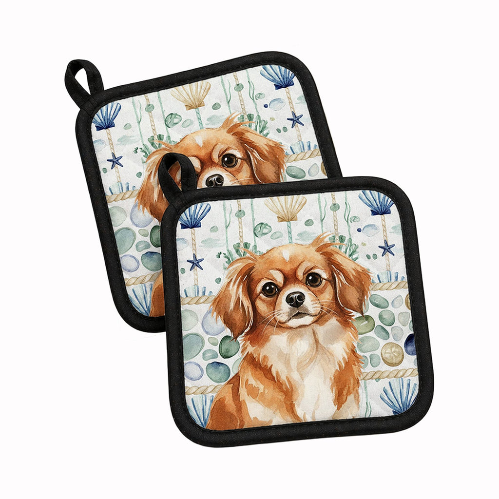 Red Tibetan Spaniel Coastal Sea Glass Pot Holder Set of 2 Heat Resistant Quilted Hot Pads 7.5 x 7.5 Inch, Insulated Kitchen Trivets for Cooking & Baking