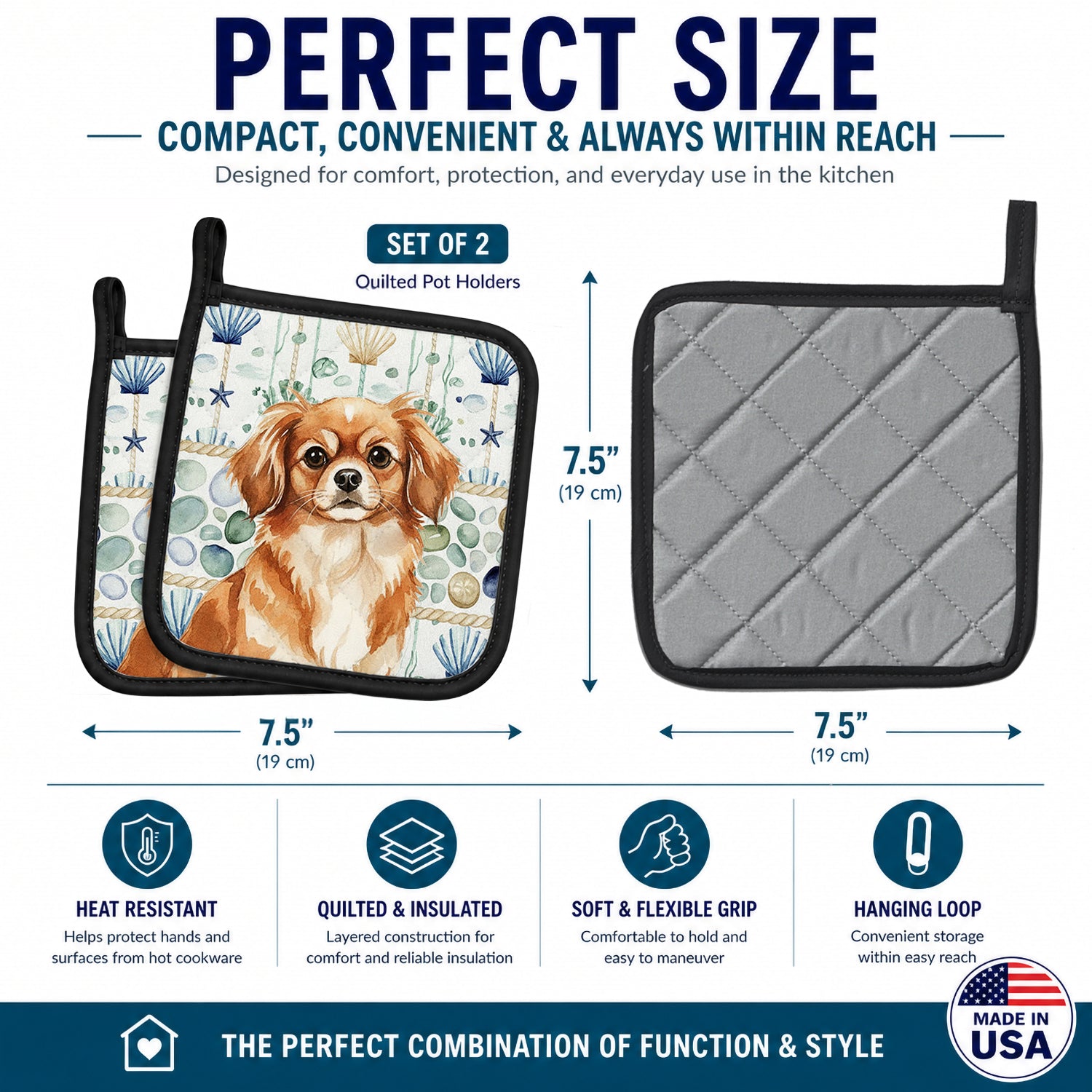 Red Tibetan Spaniel Coastal Sea Glass Pot Holder Set of 2 Heat Resistant Quilted Hot Pads 7.5 x 7.5 Inch, Insulated Kitchen Trivets for Cooking & Baking