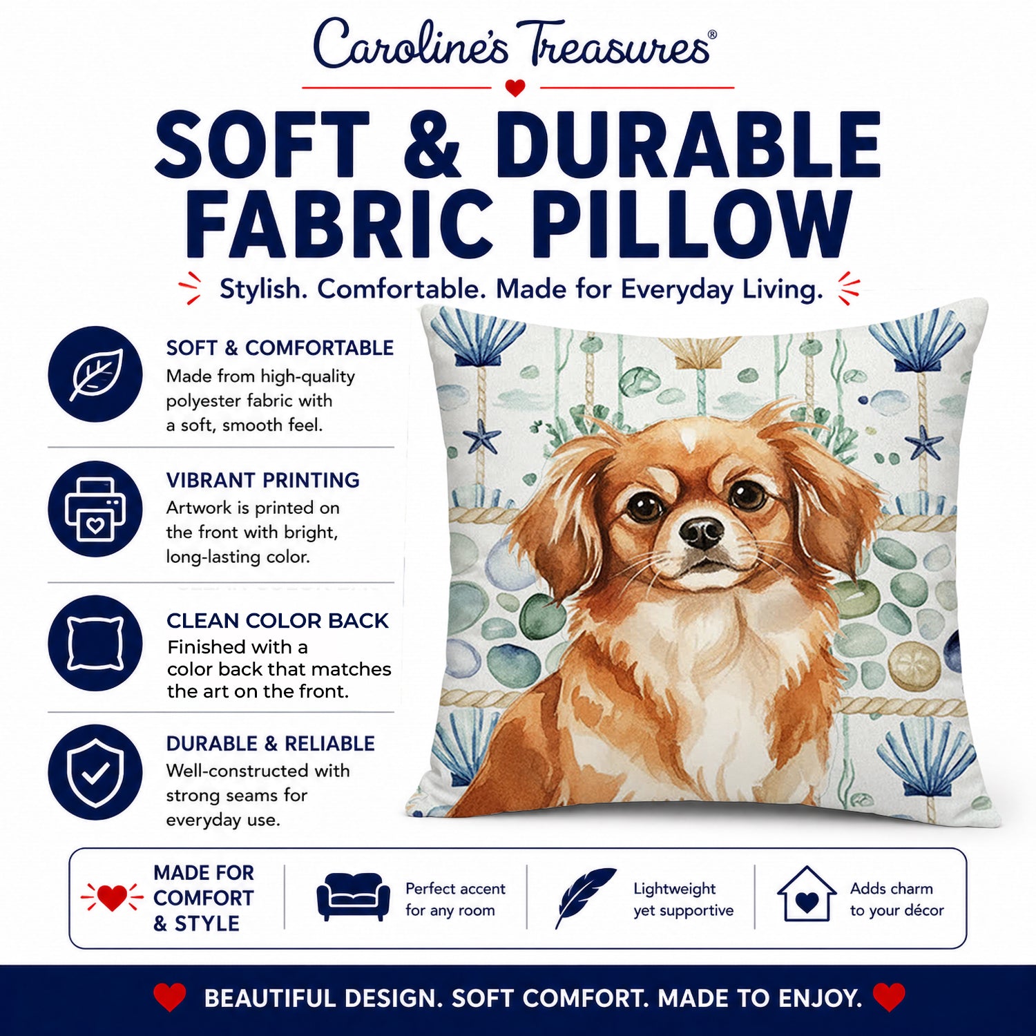 Red Tibetan Spaniel Coastal Sea Glass Decorative Throw Pillow 18x18 Indoor Outdoor Accent Cushion, Fabric Cover with Insert for Sofa, Bed, Porch & Living Room