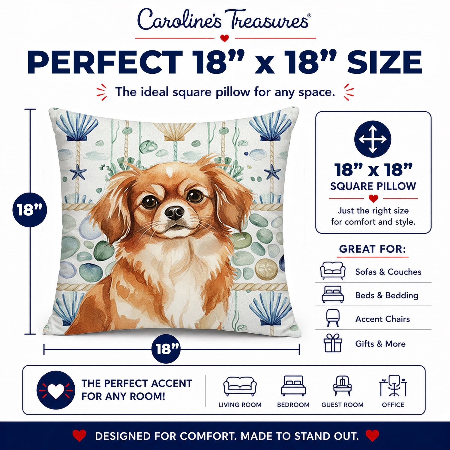 Red Tibetan Spaniel Coastal Sea Glass Decorative Throw Pillow 18x18 Indoor Outdoor Accent Cushion, Fabric Cover with Insert for Sofa, Bed, Porch & Living Room