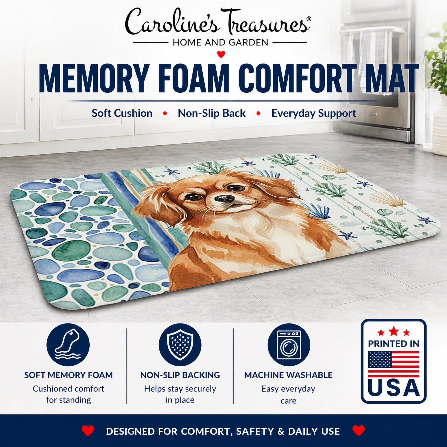 Red Tibetan Spaniel Coastal Sea Glass Memory Foam Kitchen Mat Machine Washable Anti-Fatigue Cushion Comfort Bath or Kitchen Rug