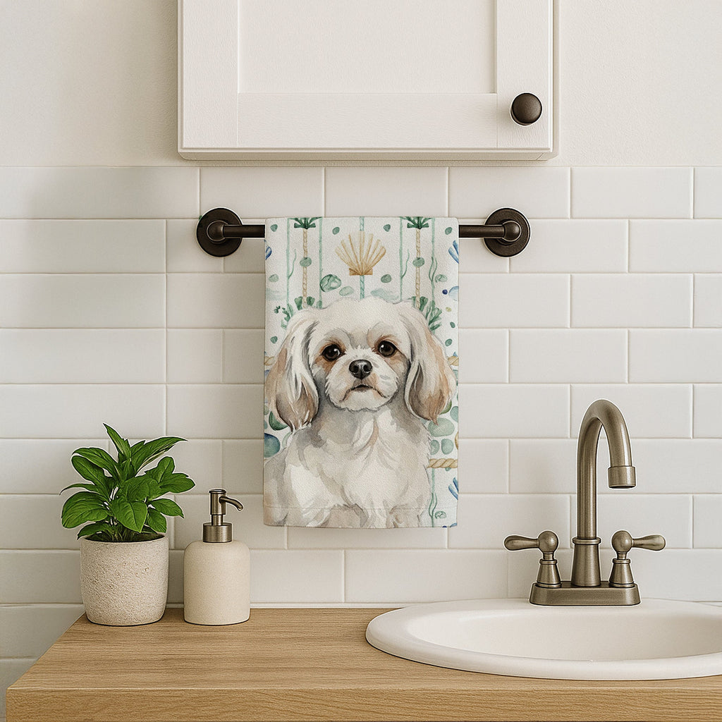 White Tibetan Spaniel Coastal Sea Glass Kitchen Towel Velour Plush Front and Cotton Loop Back Machine Washable