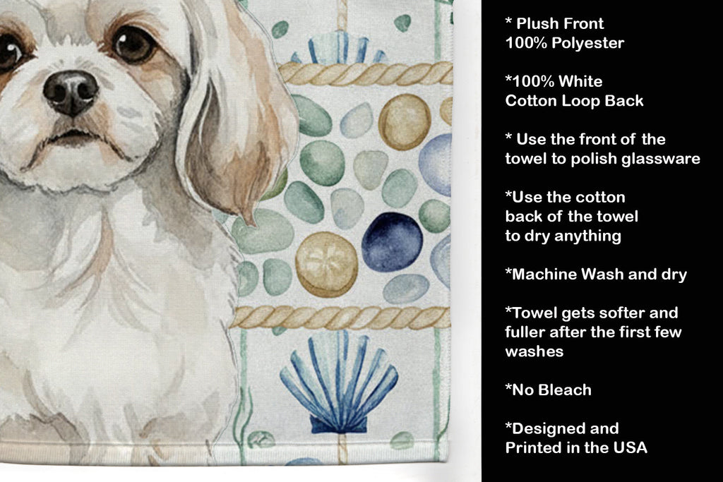 White Tibetan Spaniel Coastal Sea Glass Kitchen Towel Velour Plush Front and Cotton Loop Back Machine Washable