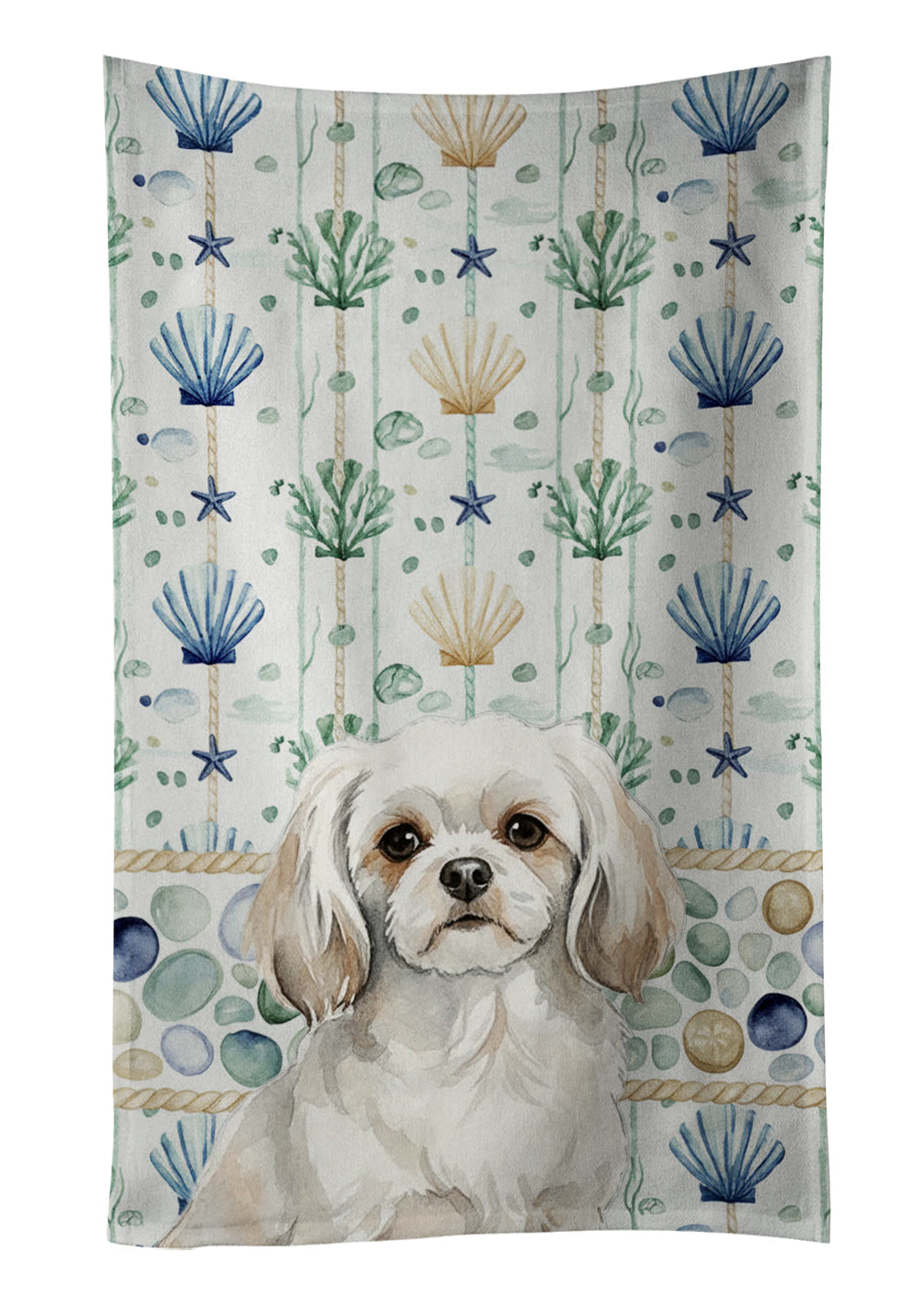 White Tibetan Spaniel Coastal Sea Glass Kitchen Towel Velour Plush Front and Cotton Loop Back Machine Washable