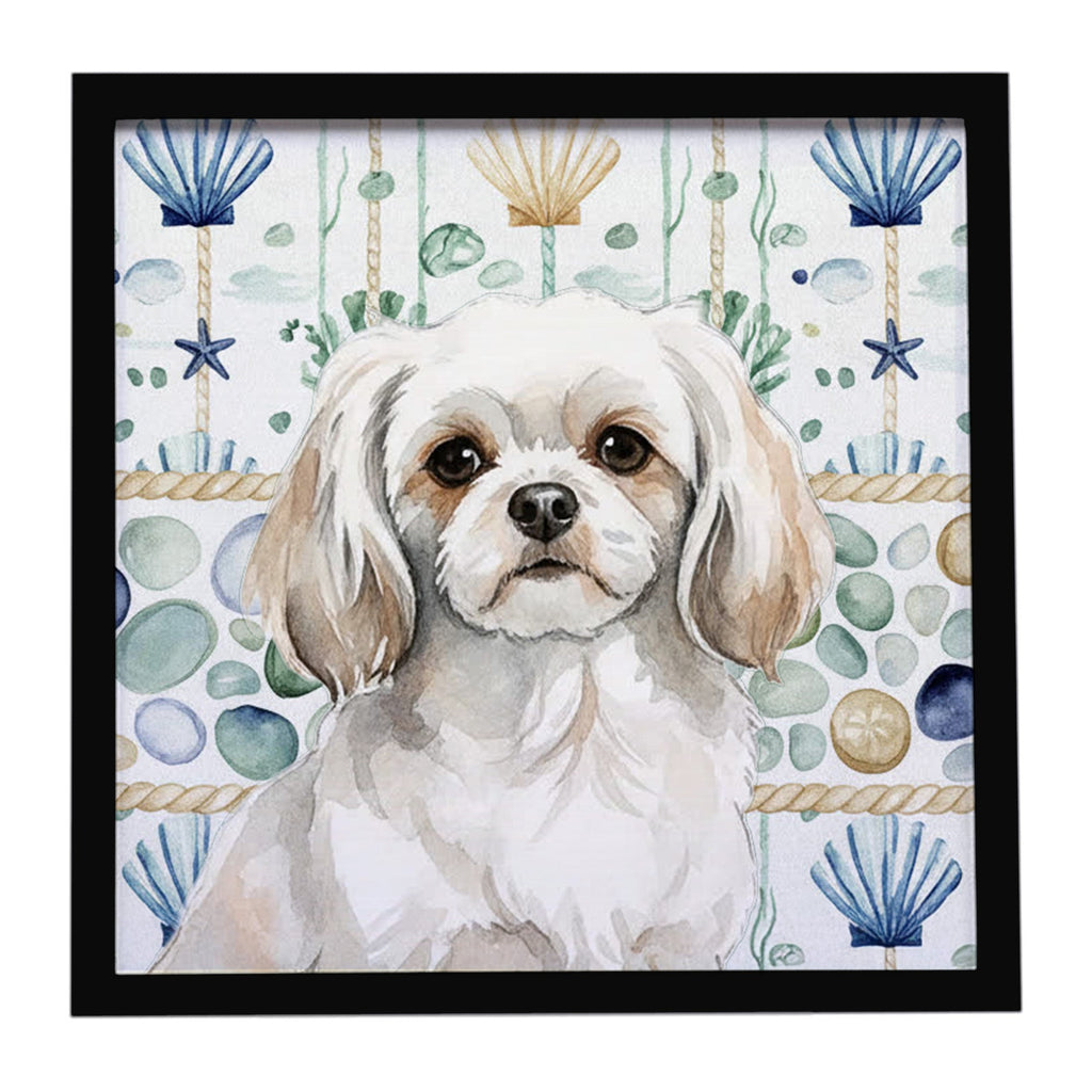 White Tibetan Spaniel Coastal Sea Glass Framed Metal Print Bathroom, Kitchen, Office, Home Decor Wall Art Ready to Hang, Square, 8X8