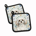 White Tibetan Spaniel Coastal Sea Glass Pot Holder Set of 2 Heat Resistant Quilted Hot Pads 7.5 x 7.5 Inch, Insulated Kitchen Trivets for Cooking & Baking