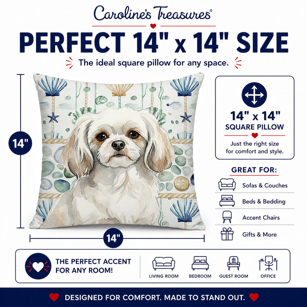 White Tibetan Spaniel Coastal Sea Glass Decorative Throw Pillow 14x14 Indoor Outdoor Accent Cushion, Fabric Cover with Insert for Sofa, Bed, Porch & Living Room