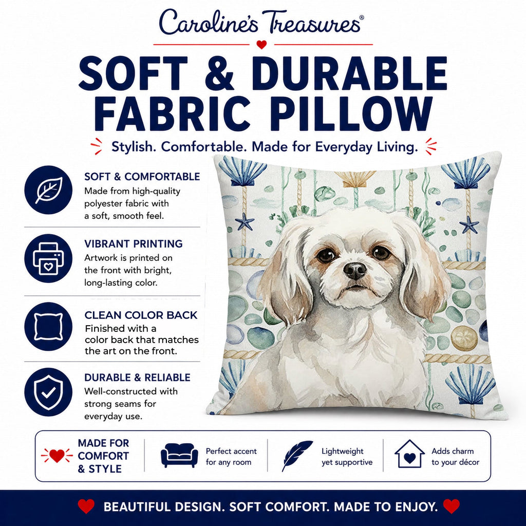 White Tibetan Spaniel Coastal Sea Glass Decorative Throw Pillow 18x18 Indoor Outdoor Accent Cushion, Fabric Cover with Insert for Sofa, Bed, Porch & Living Room