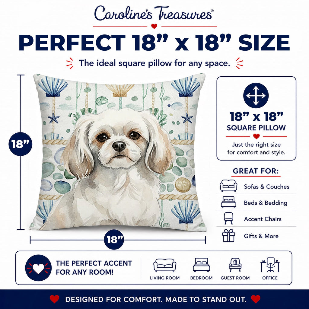 White Tibetan Spaniel Coastal Sea Glass Decorative Throw Pillow 18x18 Indoor Outdoor Accent Cushion, Fabric Cover with Insert for Sofa, Bed, Porch & Living Room