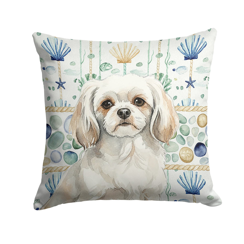 White Tibetan Spaniel Coastal Sea Glass Decorative Throw Pillow 18x18 Indoor Outdoor Accent Cushion, Fabric Cover with Insert for Sofa, Bed, Porch & Living Room