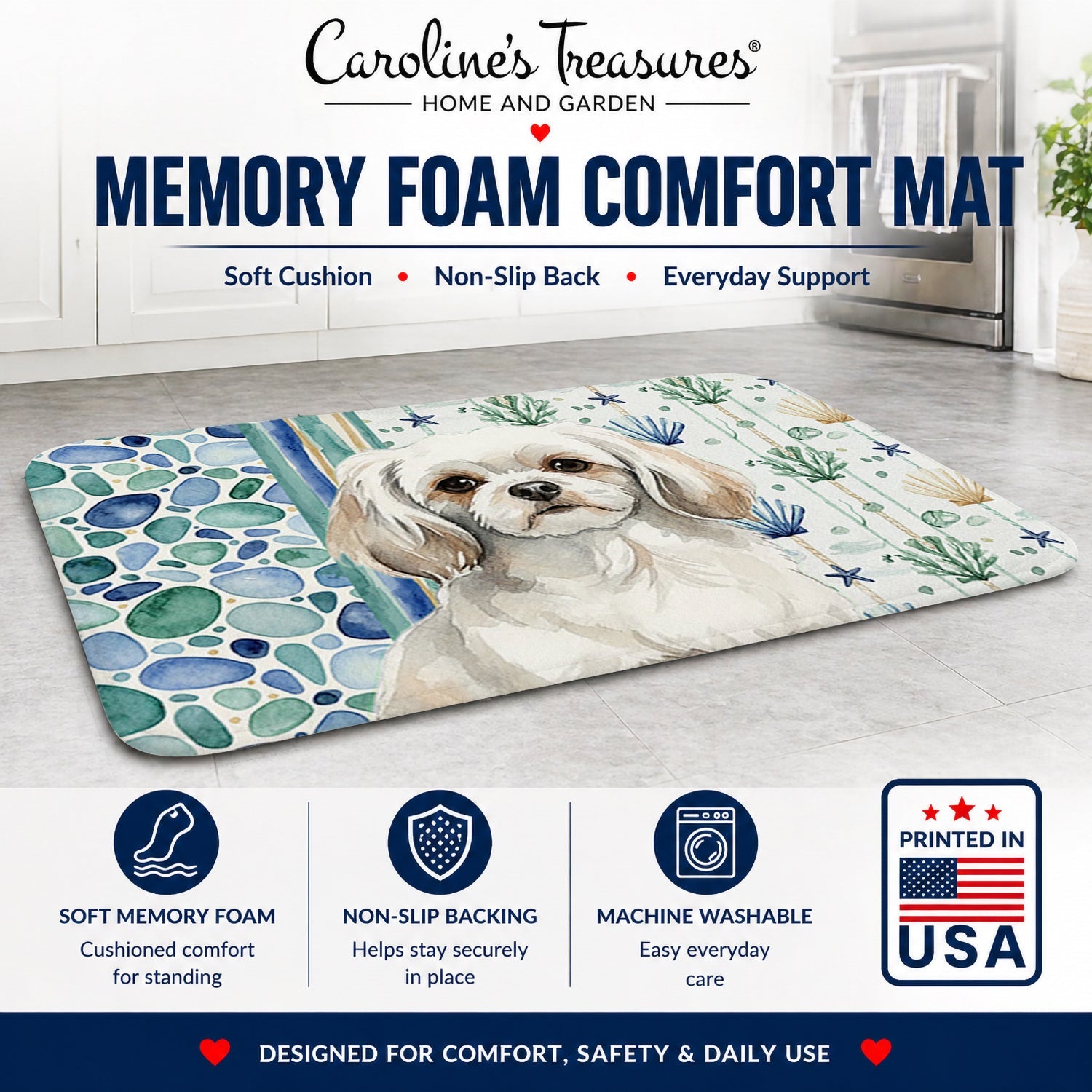 White Tibetan Spaniel Coastal Sea Glass Memory Foam Kitchen Mat Machine Washable Anti-Fatigue Cushion Comfort Bath or Kitchen Rug