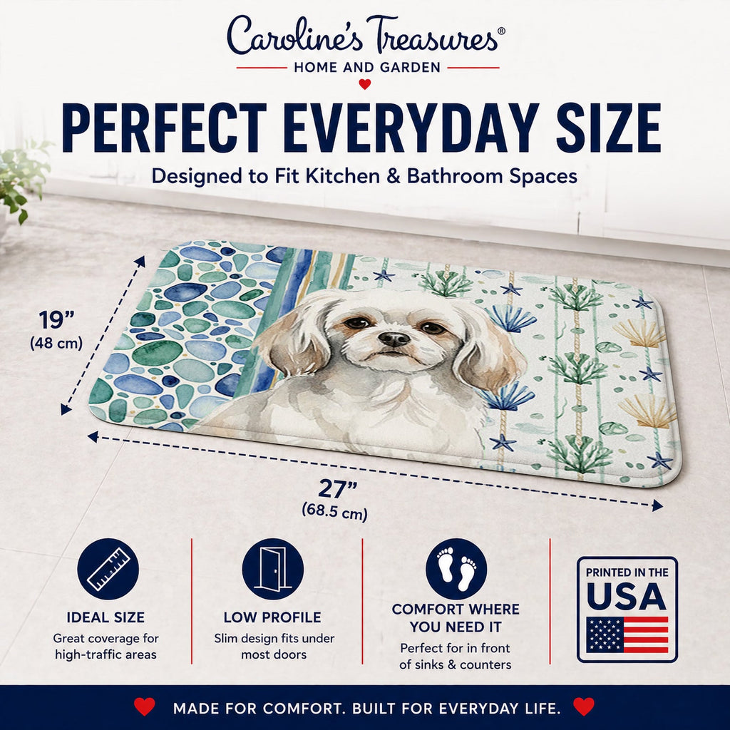 White Tibetan Spaniel Coastal Sea Glass Memory Foam Kitchen Mat Machine Washable Anti-Fatigue Cushion Comfort Bath or Kitchen Rug