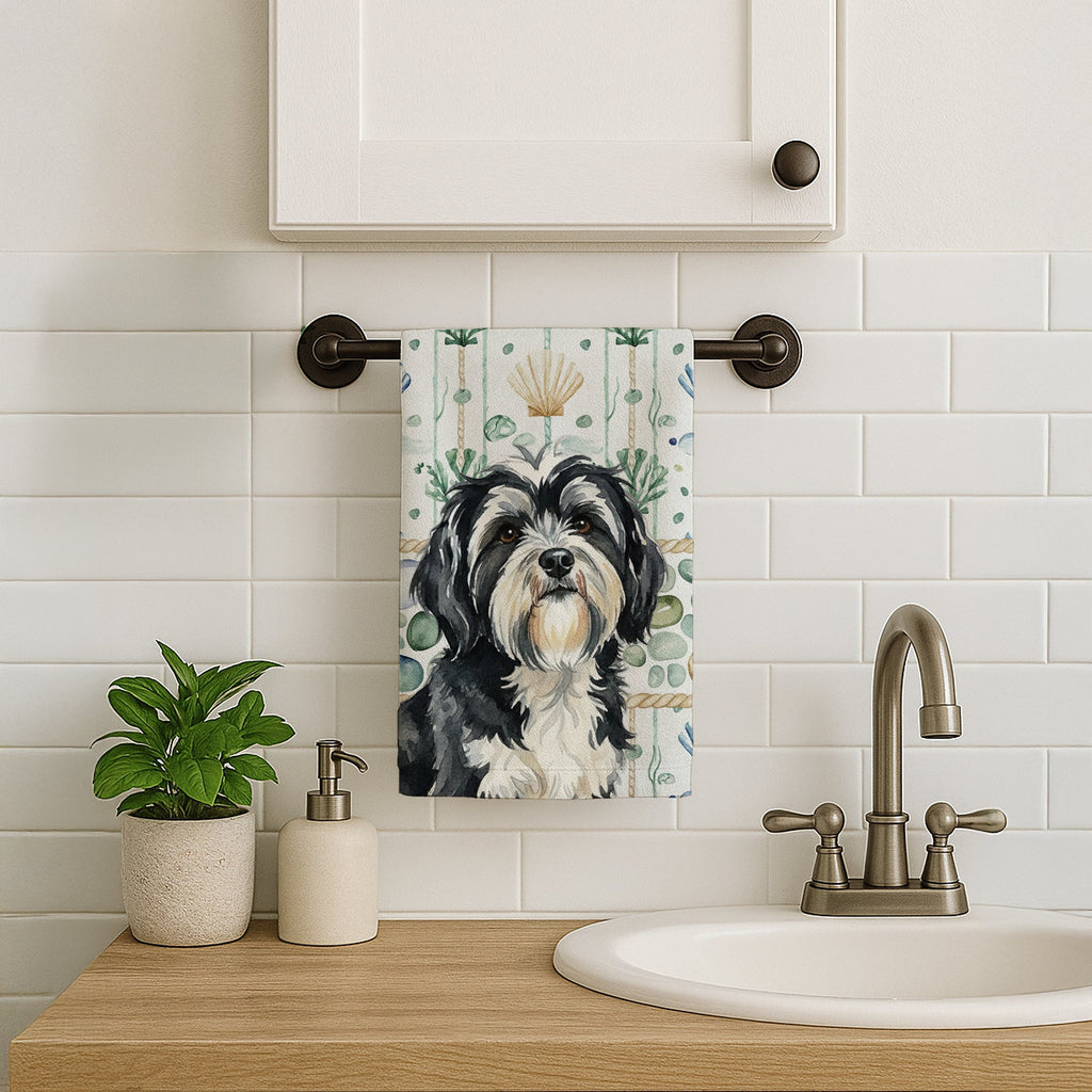 Black and White Tibetan Terrier Coastal Sea Glass Kitchen Towel Velour Plush Front and Cotton Loop Back Machine Washable