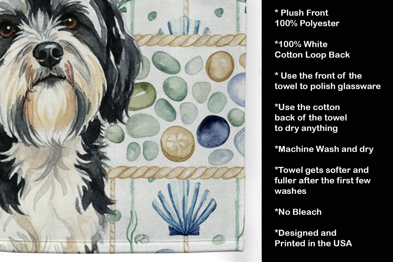 Black and White Tibetan Terrier Coastal Sea Glass Kitchen Towel Velour Plush Front and Cotton Loop Back Machine Washable