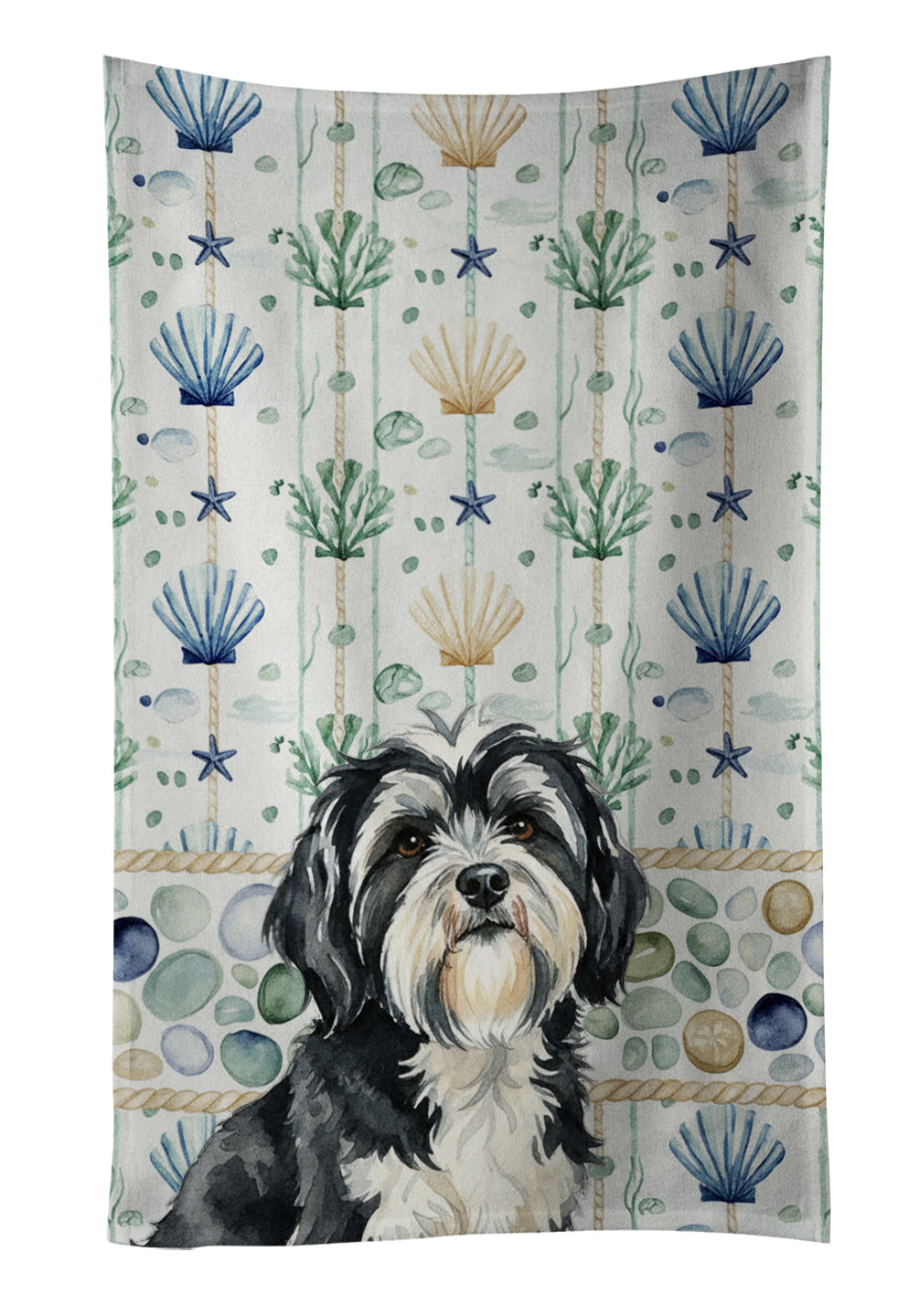 Black and White Tibetan Terrier Coastal Sea Glass Kitchen Towel Velour Plush Front and Cotton Loop Back Machine Washable