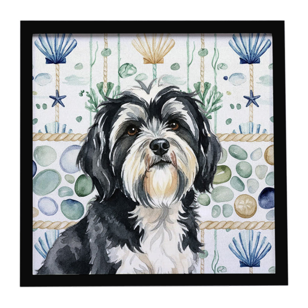 Black and White Tibetan Terrier Coastal Sea Glass Framed Metal Print Bathroom, Kitchen, Office, Home Decor Wall Art Ready to Hang, Square, 8X8