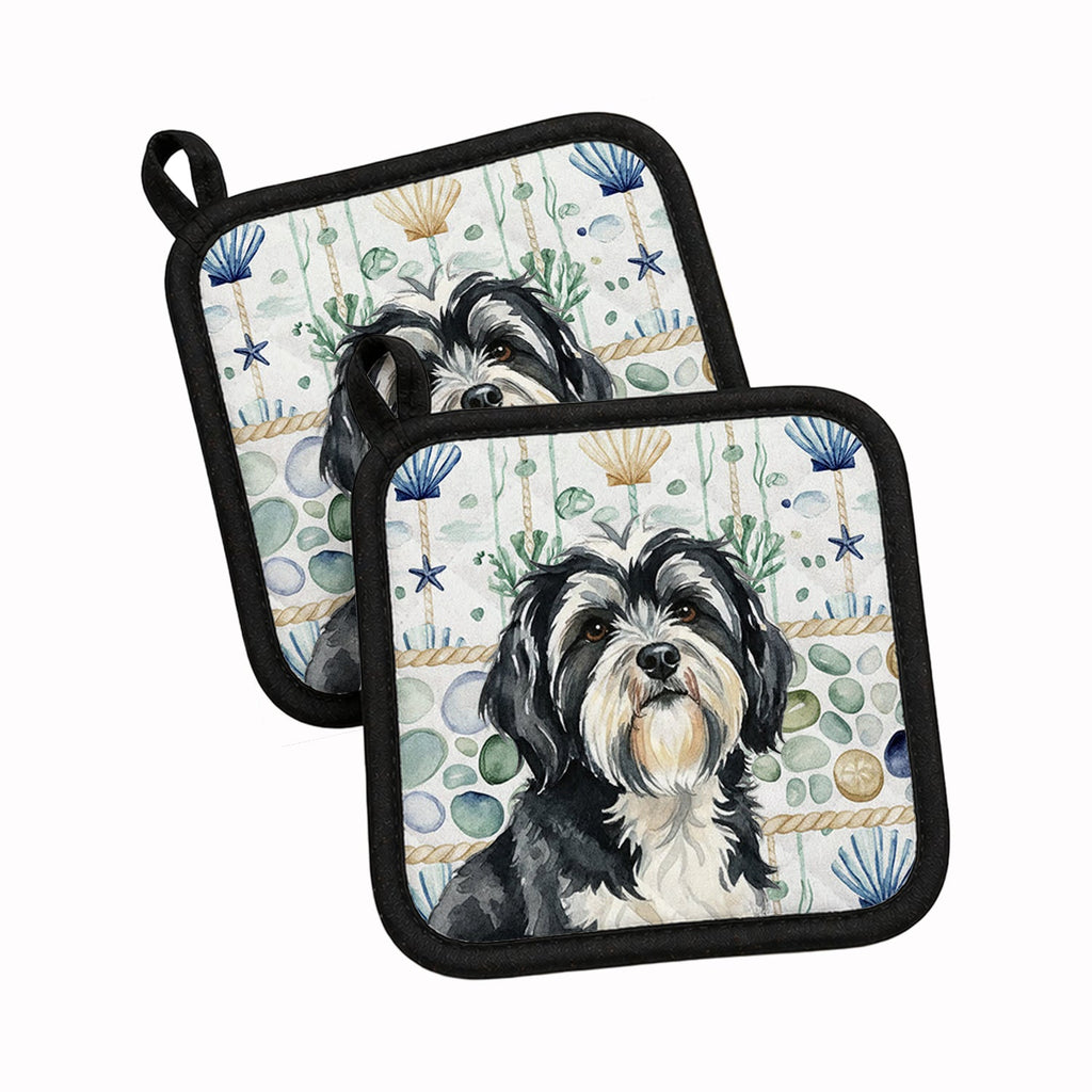 Black and White Tibetan Terrier Coastal Sea Glass Pot Holder Set of 2 Heat Resistant Quilted Hot Pads 7.5 x 7.5 Inch, Insulated Kitchen Trivets for Cooking & Baking