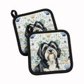 Black and White Tibetan Terrier Coastal Sea Glass Pot Holder Set of 2 Heat Resistant Quilted Hot Pads 7.5 x 7.5 Inch, Insulated Kitchen Trivets for Cooking & Baking