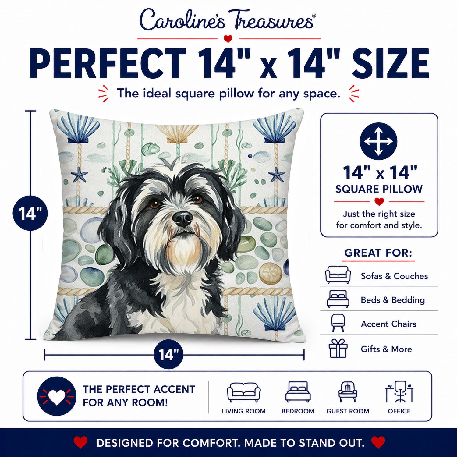 Black and White Tibetan Terrier Coastal Sea Glass Decorative Throw Pillow 14x14 Indoor Outdoor Accent Cushion, Fabric Cover with Insert for Sofa, Bed, Porch & Living Room