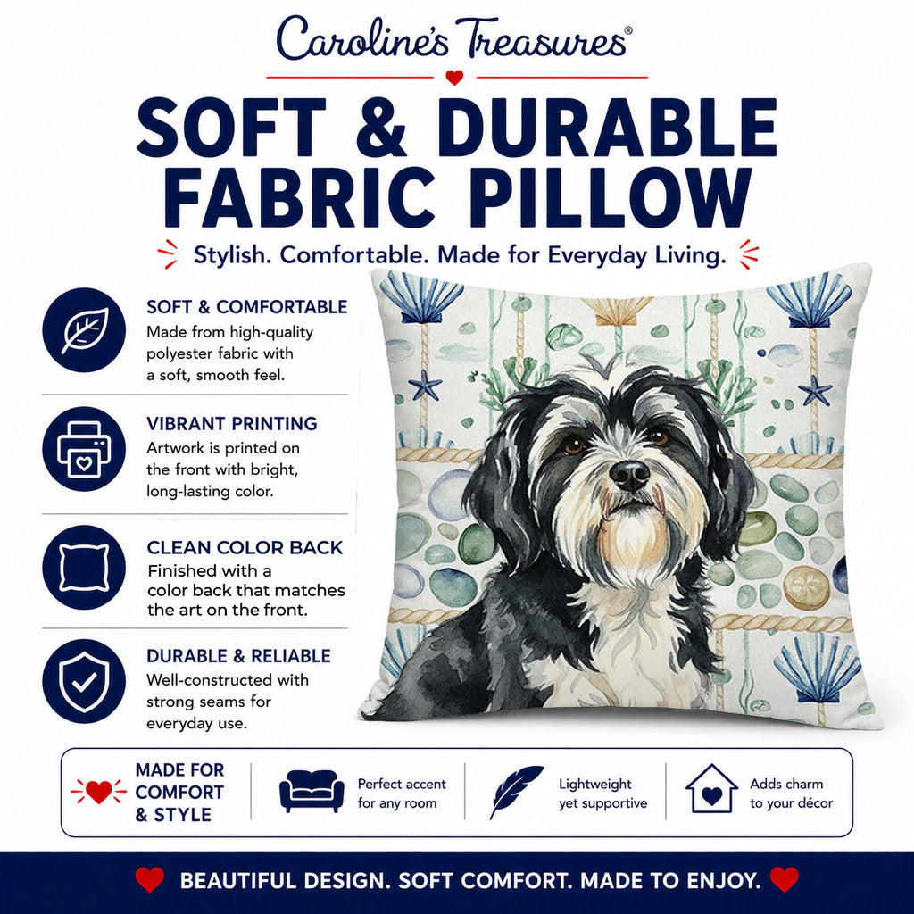 Black and White Tibetan Terrier Coastal Sea Glass Decorative Throw Pillow 18x18 Indoor Outdoor Accent Cushion, Fabric Cover with Insert for Sofa, Bed, Porch & Living Room