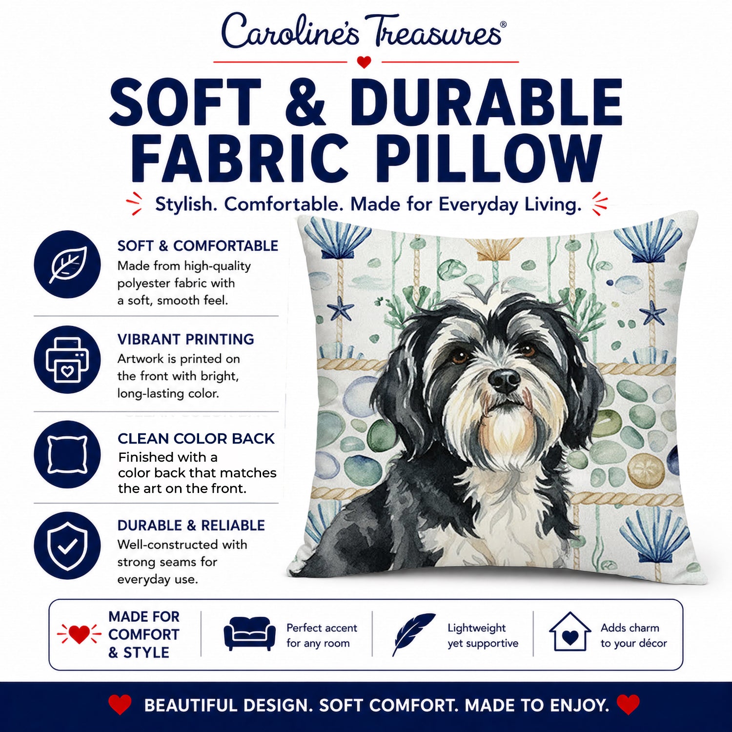 Black and White Tibetan Terrier Coastal Sea Glass Decorative Throw Pillow 18x18 Indoor Outdoor Accent Cushion, Fabric Cover with Insert for Sofa, Bed, Porch & Living Room