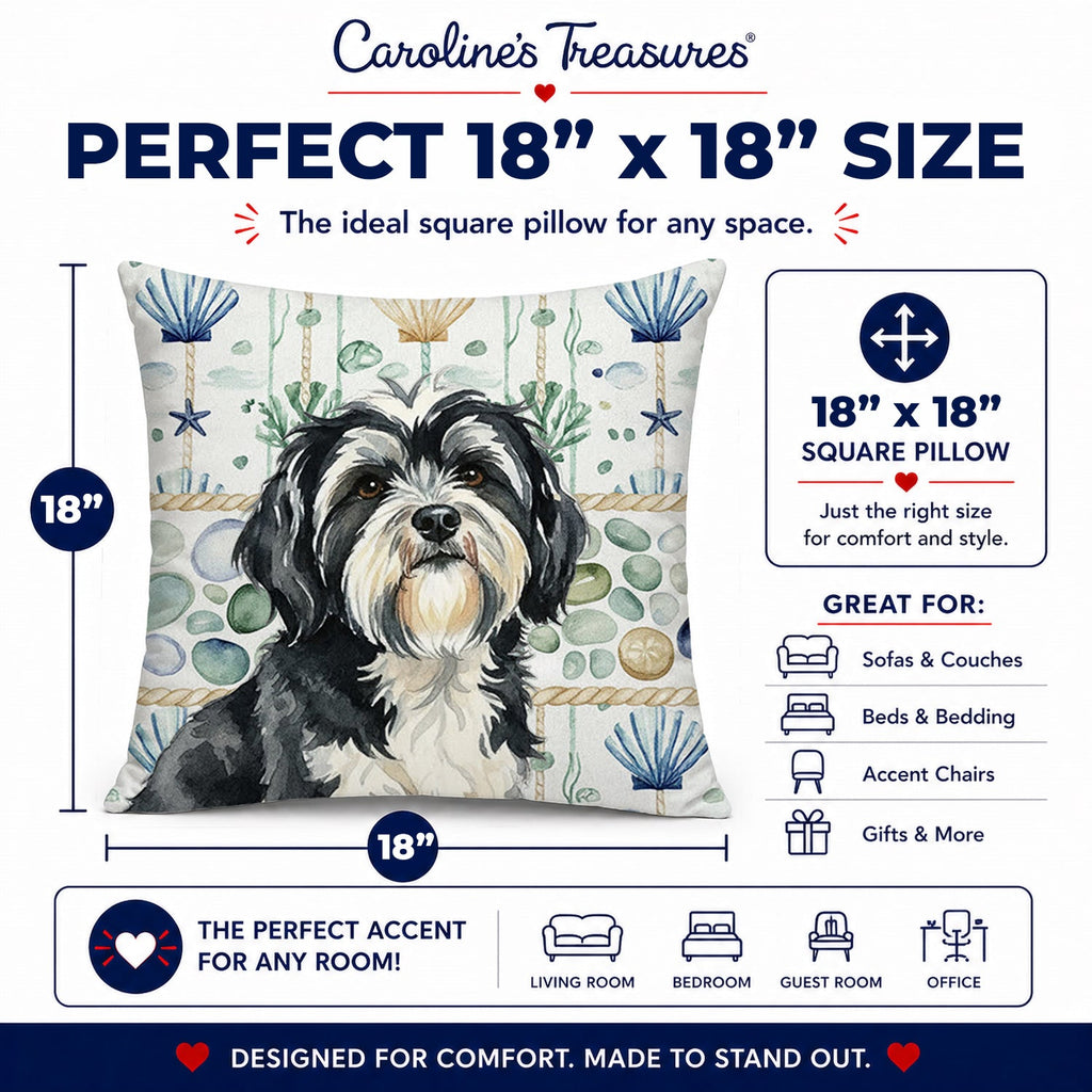 Black and White Tibetan Terrier Coastal Sea Glass Decorative Throw Pillow 18x18 Indoor Outdoor Accent Cushion, Fabric Cover with Insert for Sofa, Bed, Porch & Living Room