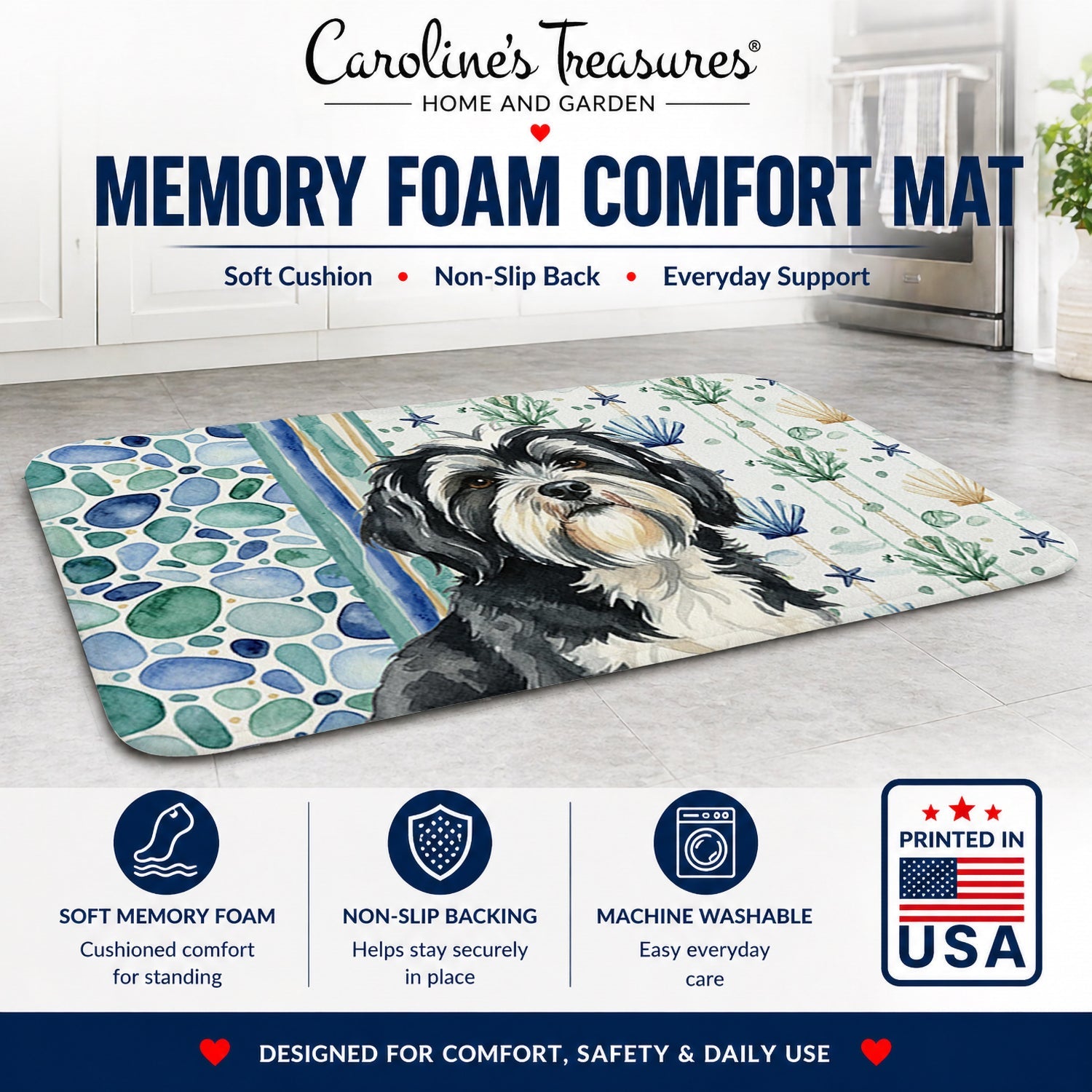 Black and White Tibetan Terrier Coastal Sea Glass Memory Foam Kitchen Mat Machine Washable Anti-Fatigue Cushion Comfort Bath or Kitchen Rug