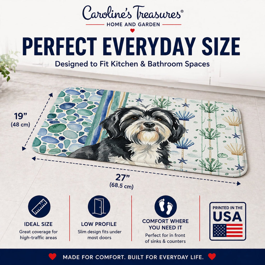 Black and White Tibetan Terrier Coastal Sea Glass Memory Foam Kitchen Mat Machine Washable Anti-Fatigue Cushion Comfort Bath or Kitchen Rug