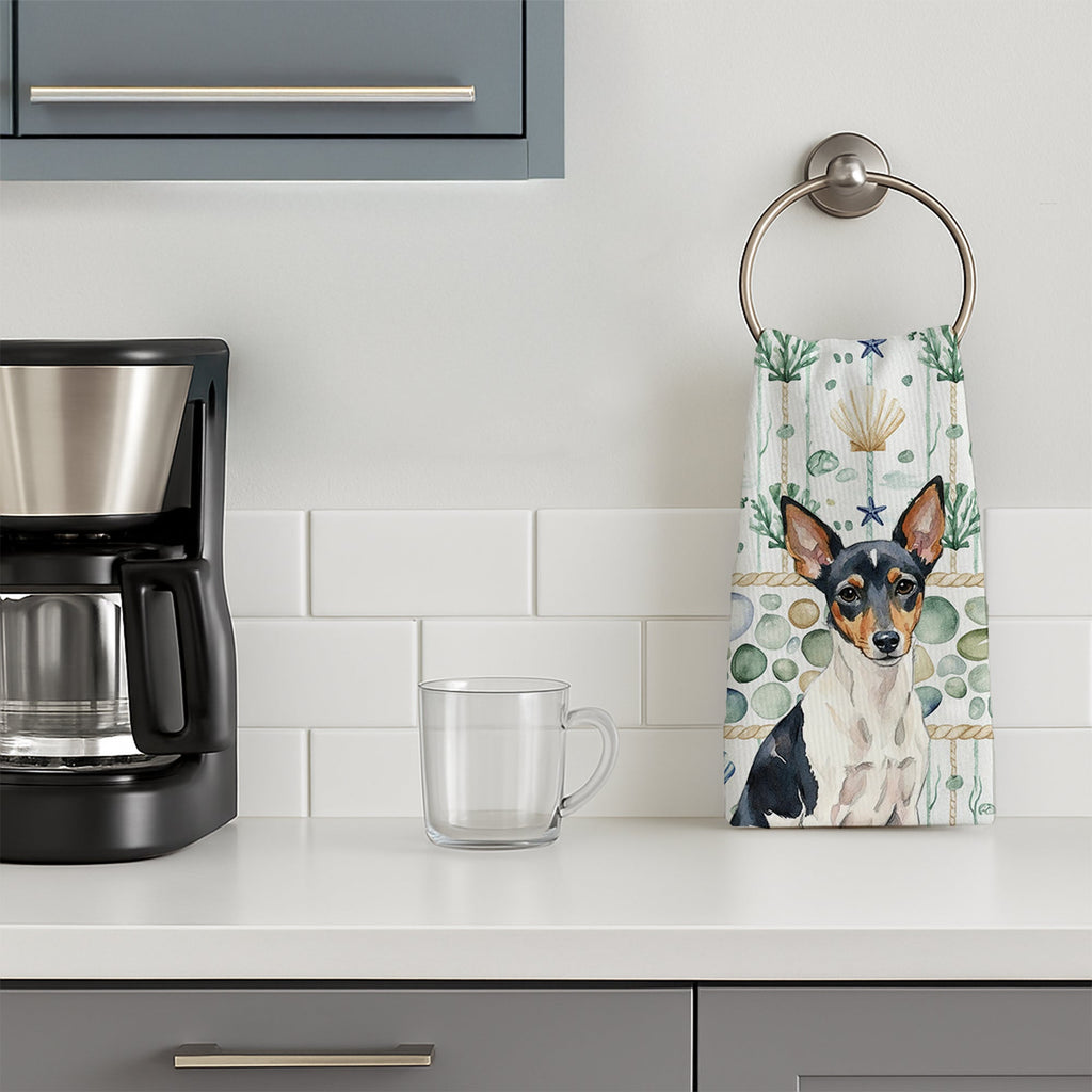 Toy Fox Terrier Coastal Sea Glass Kitchen Towel Velour Plush Front and Cotton Loop Back Machine Washable