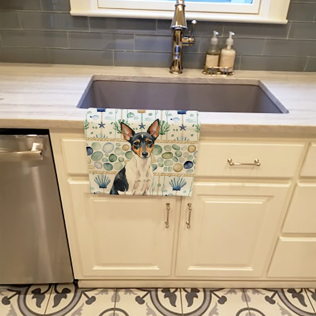 Toy Fox Terrier Coastal Sea Glass Kitchen Towel Velour Plush Front and Cotton Loop Back Machine Washable