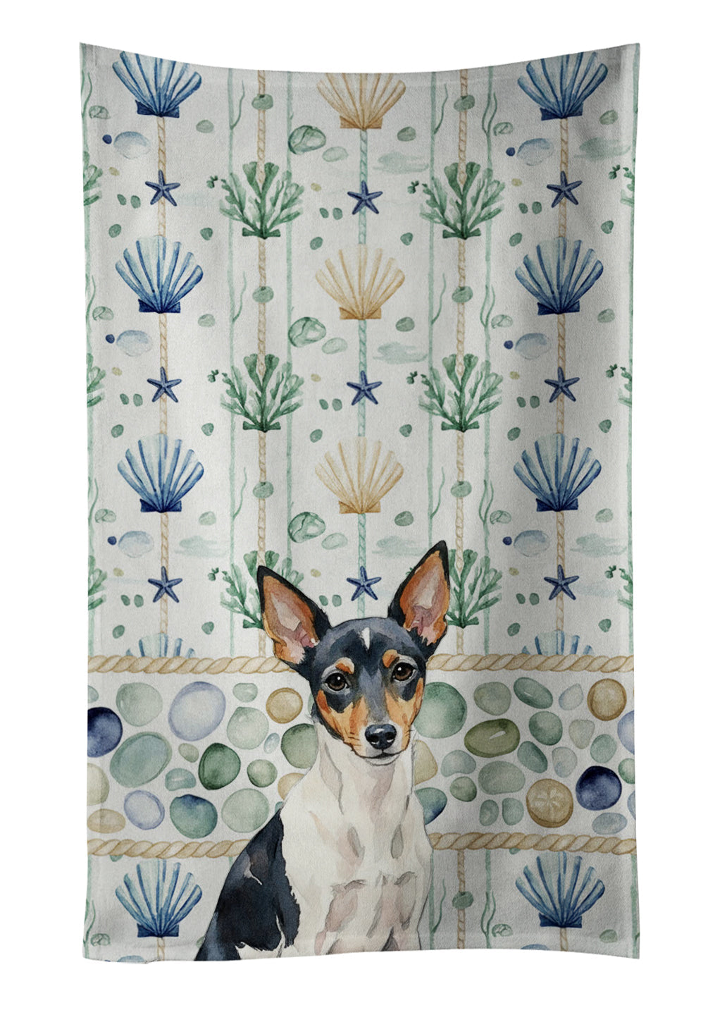 Toy Fox Terrier Coastal Sea Glass Kitchen Towel Velour Plush Front and Cotton Loop Back Machine Washable