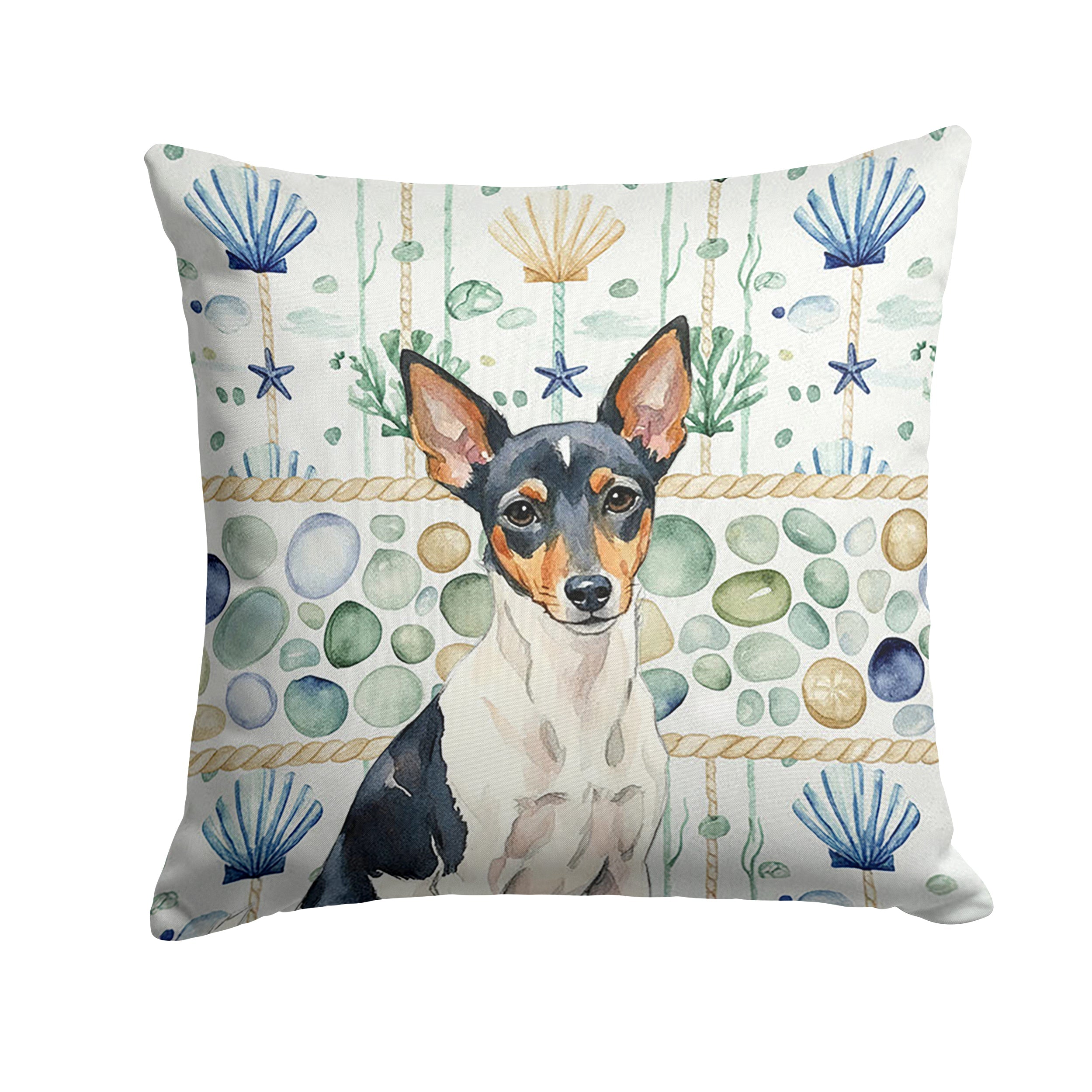 Toy Fox Terrier Coastal Sea Glass Decorative Throw Pillow 14x14 Indoor Outdoor Accent Cushion, Fabric Cover with Insert for Sofa, Bed, Porch & Living Room