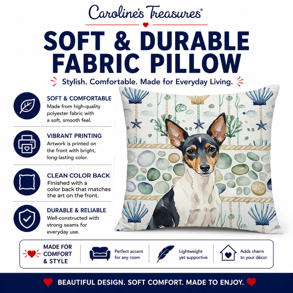 Toy Fox Terrier Coastal Sea Glass Decorative Throw Pillow 18x18 Indoor Outdoor Accent Cushion, Fabric Cover with Insert for Sofa, Bed, Porch & Living Room