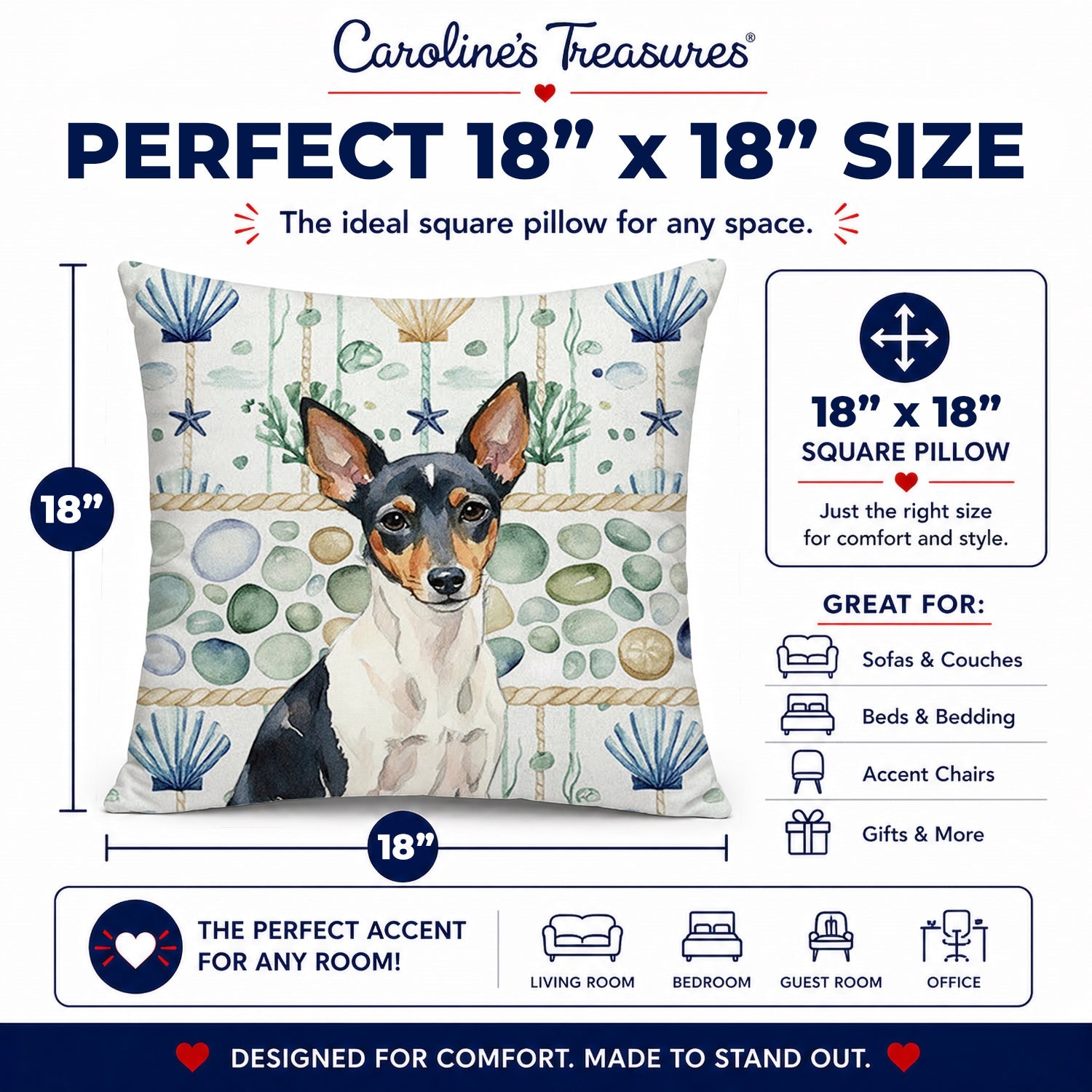 Toy Fox Terrier Coastal Sea Glass Decorative Throw Pillow 18x18 Indoor Outdoor Accent Cushion, Fabric Cover with Insert for Sofa, Bed, Porch & Living Room