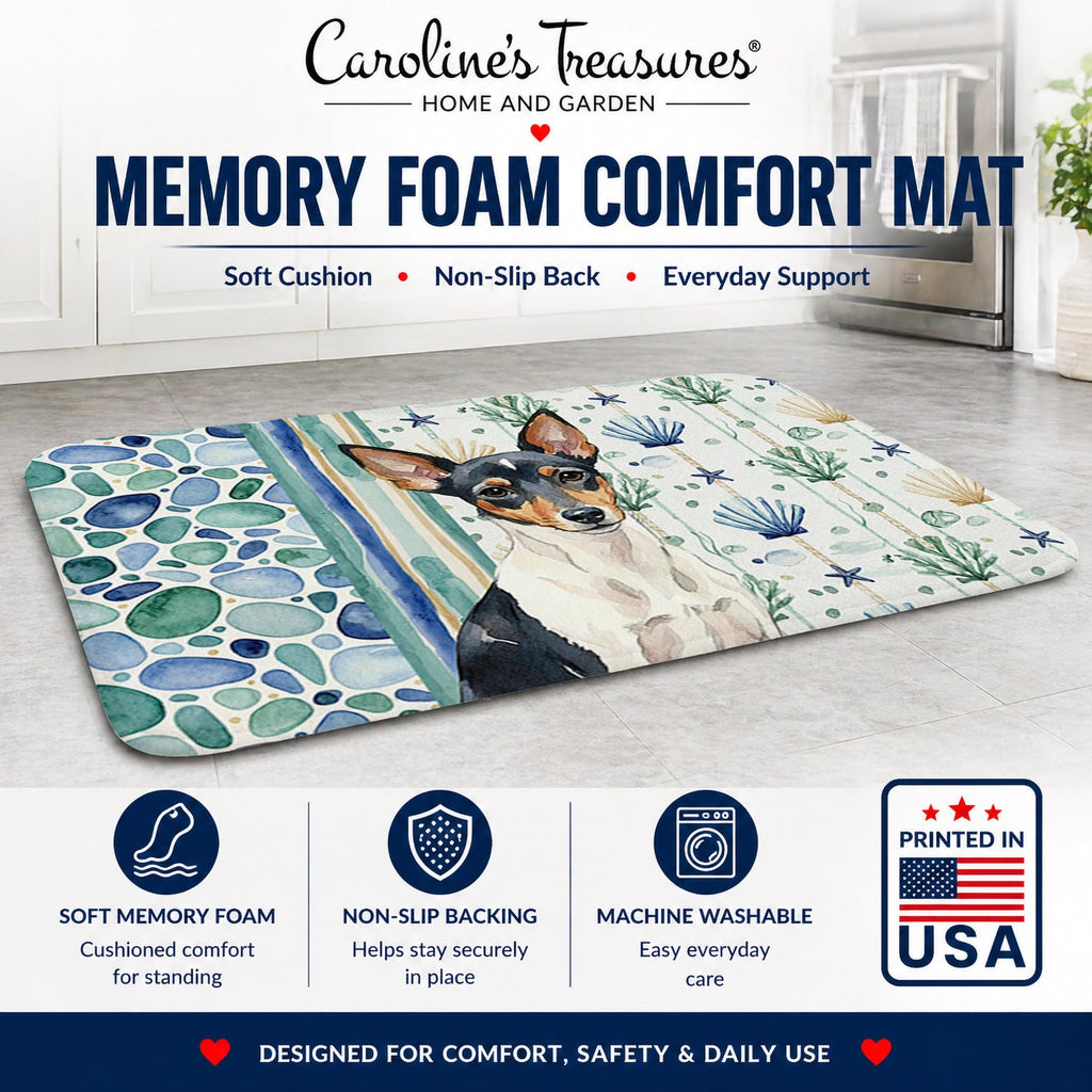 Toy Fox Terrier Coastal Sea Glass Memory Foam Kitchen Mat Machine Washable Anti-Fatigue Cushion Comfort Bath or Kitchen Rug