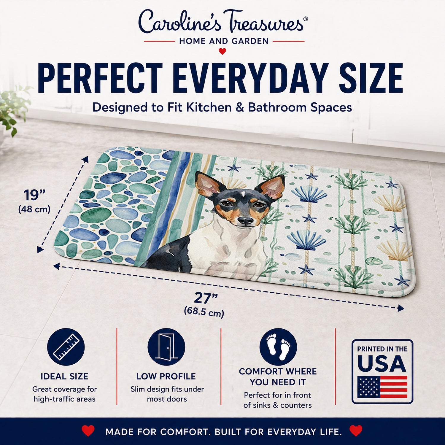 Toy Fox Terrier Coastal Sea Glass Memory Foam Kitchen Mat Machine Washable Anti-Fatigue Cushion Comfort Bath or Kitchen Rug