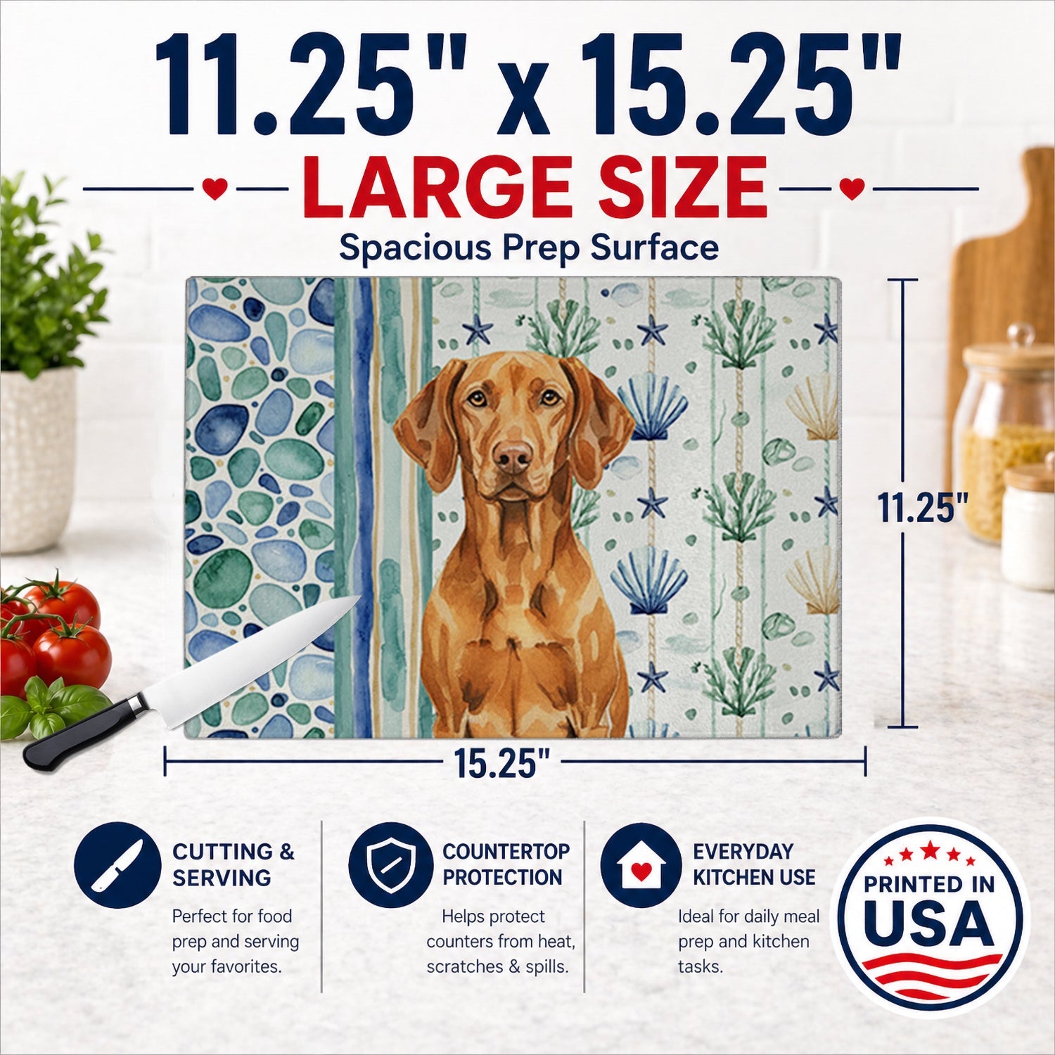 Vizsla Coastal Sea Glass Cutting Board Tempered Glass Kitchen Cutting Surface, Heat Resistant Chopping, Non-Slip Feet, Food Prep & Serving